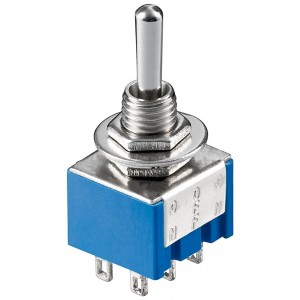 Interrupteur &agrave; bascule miniature, MARCHE - ARR&Ecirc;T - MARCHE, 6 broches, bo&icirc;tier bleu
